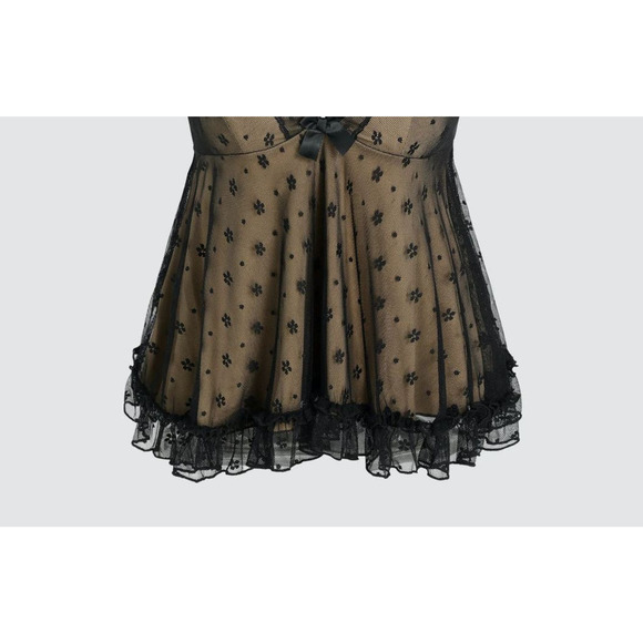 NWT Sexy Floral Lace VNeck Ruffle Cami Stretch Top Adjustable Straps L Black Tan - Picture 13 of 13